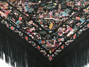 1149 Antique Manila Manton SIlk Shawl with Village Scenes