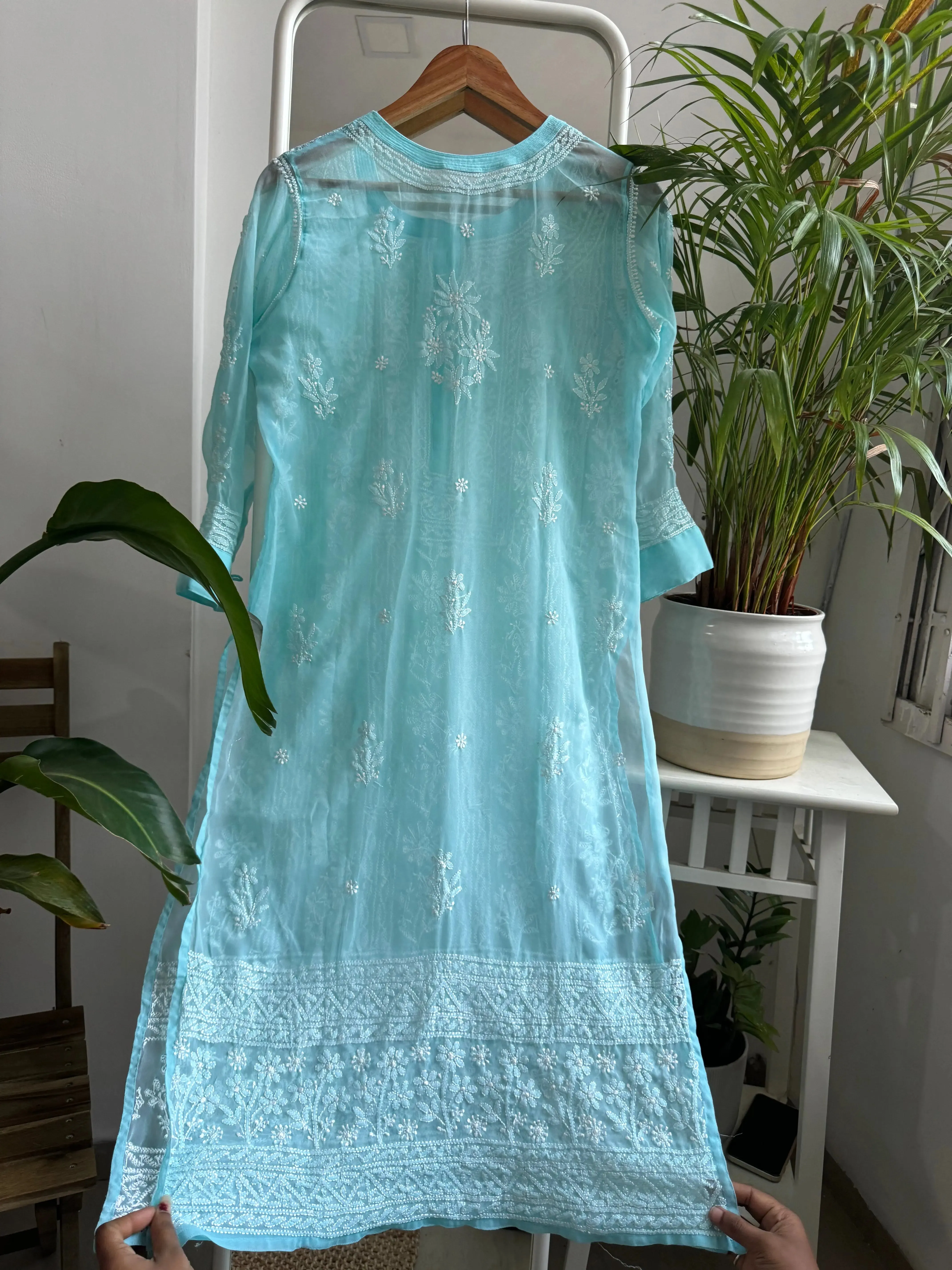 Chikankari Resham Jaal Kurti - Blue