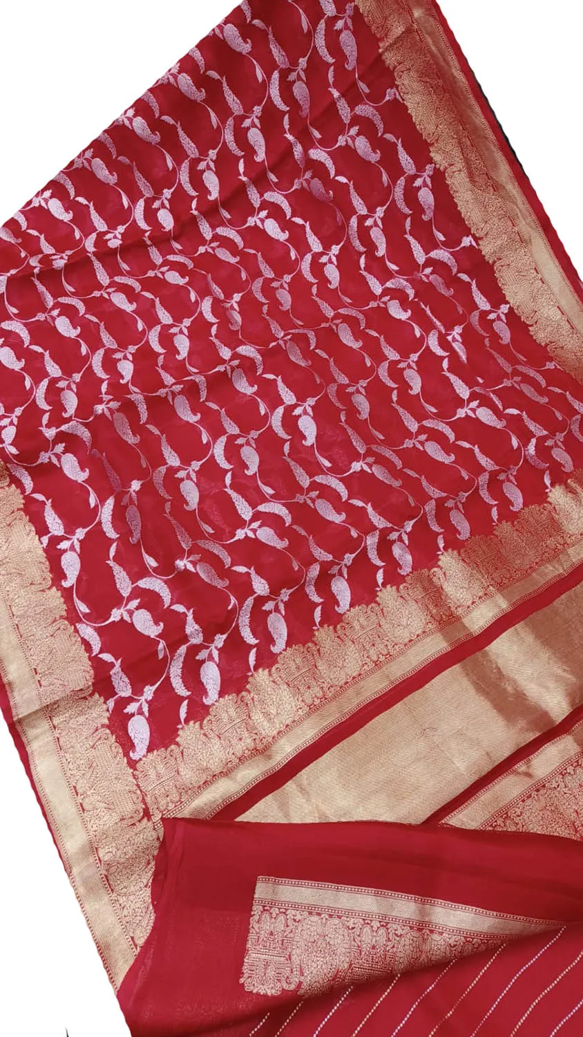 Exquisite Red Banarasi Handloom Pure Kora Silk Saree