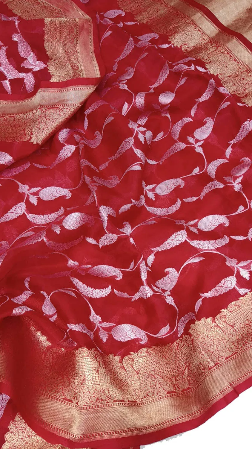 Exquisite Red Banarasi Handloom Pure Kora Silk Saree