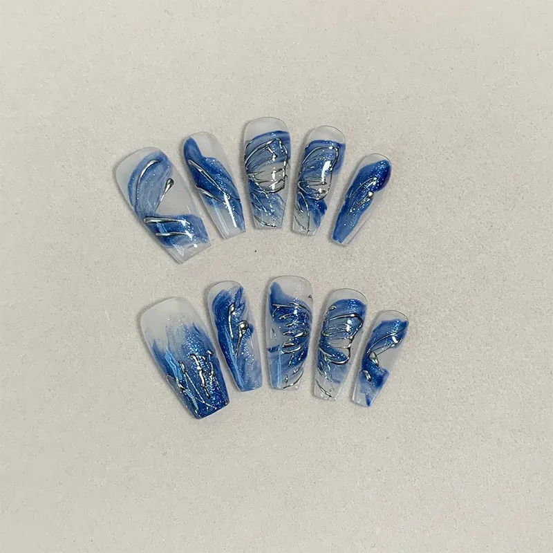 Handmade Mid-Length Blue Nail Art - Elegant White Detachable Nail Patches