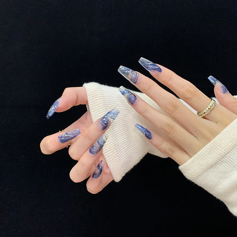 Handmade Mid-Length Blue Nail Art - Elegant White Detachable Nail Patches