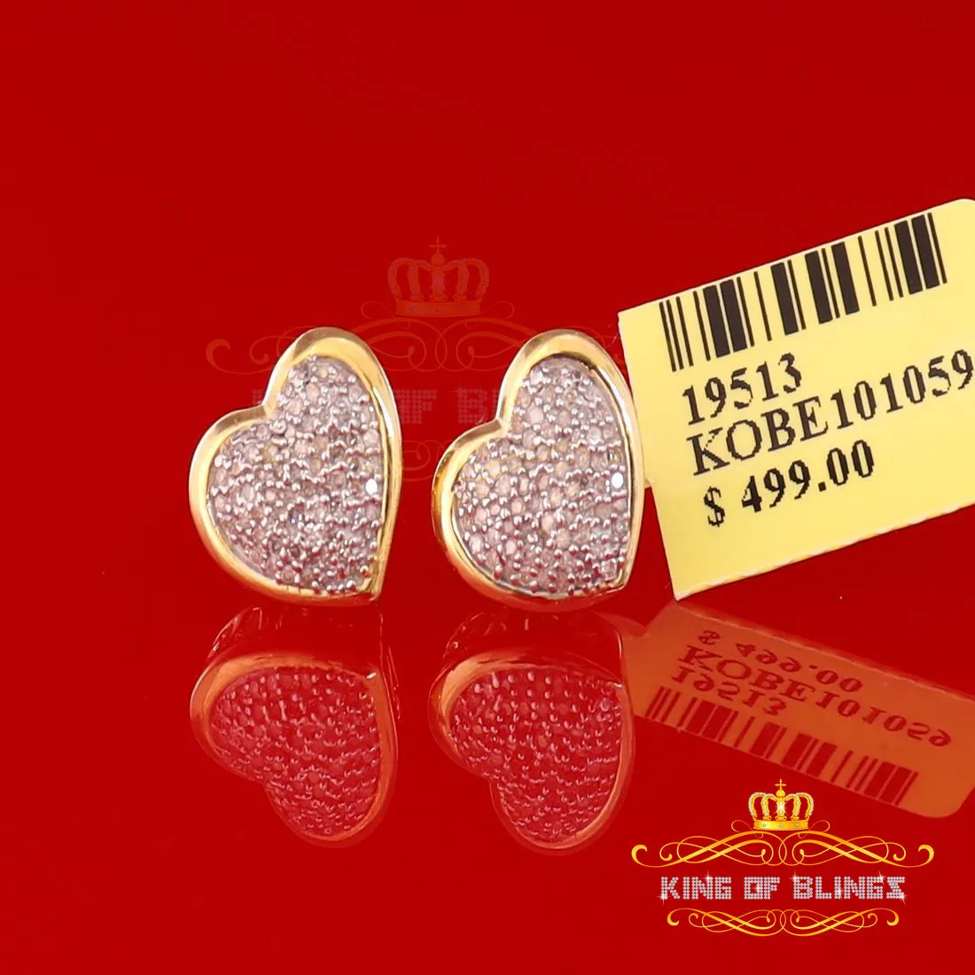 King of Blings-0.33ct Micro Pave 925 Yellow Silver Diamond Heart Earring For Men's / Women's