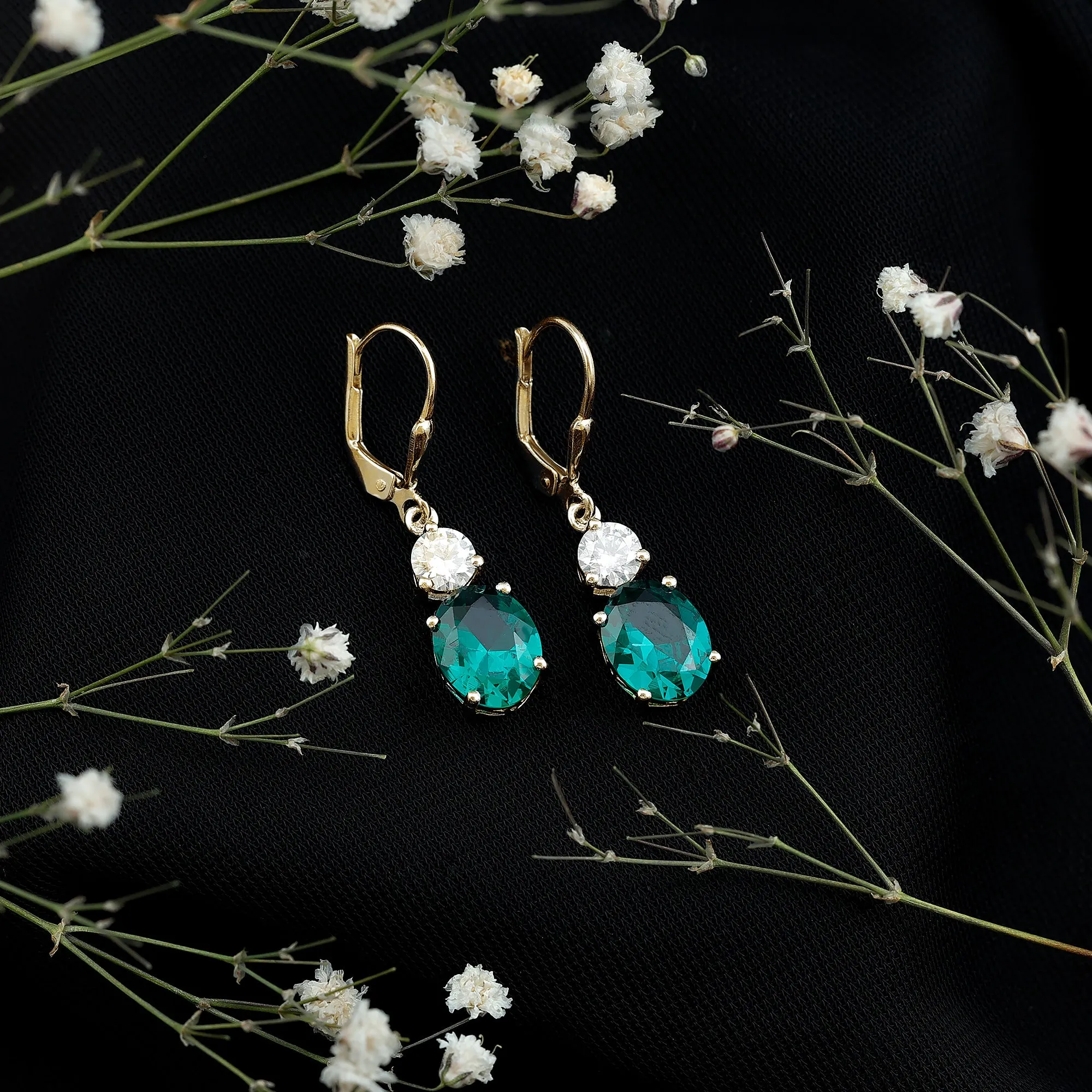 Lab Grown Emerald Oval Drop Earrings With Moissanite