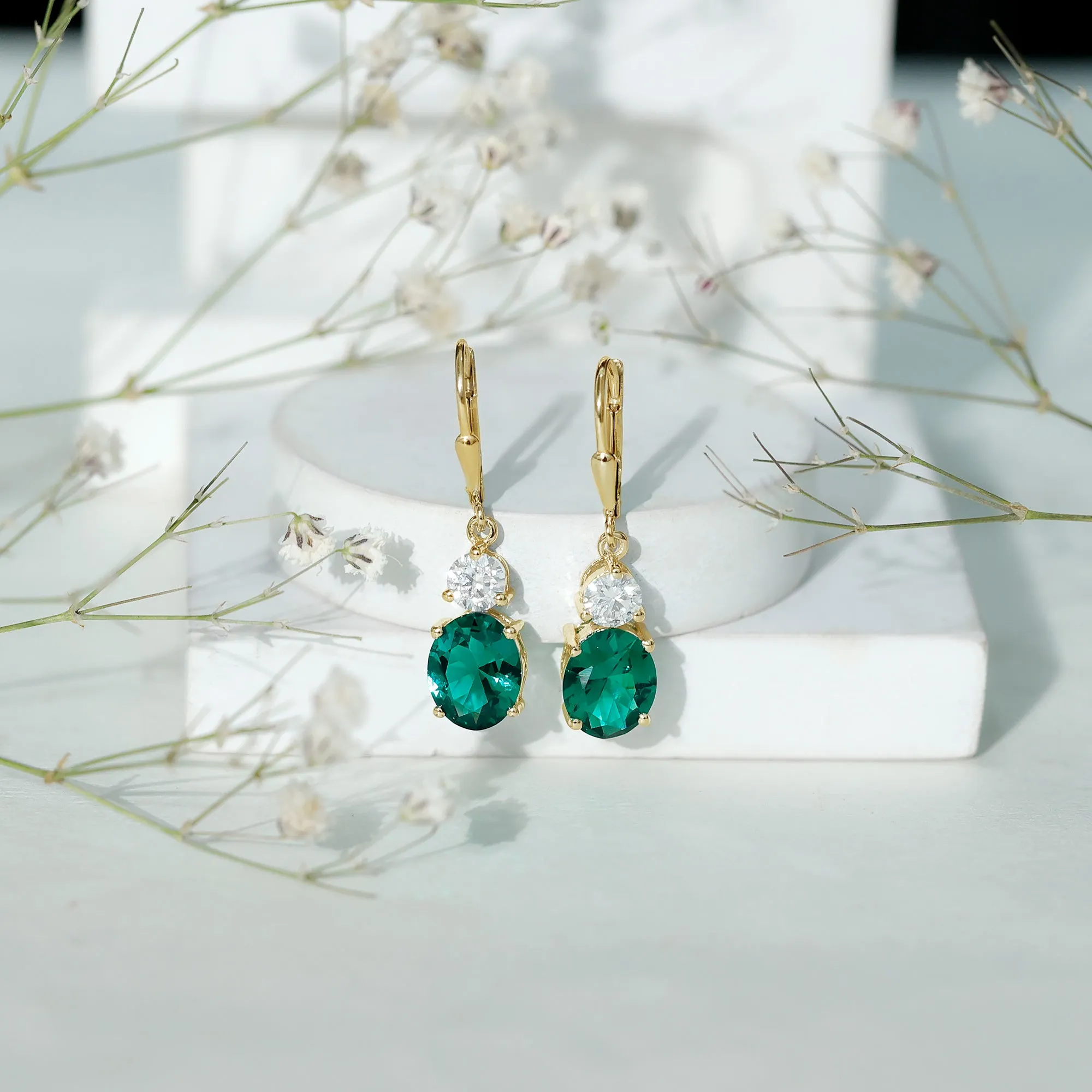 Lab Grown Emerald Oval Drop Earrings With Moissanite