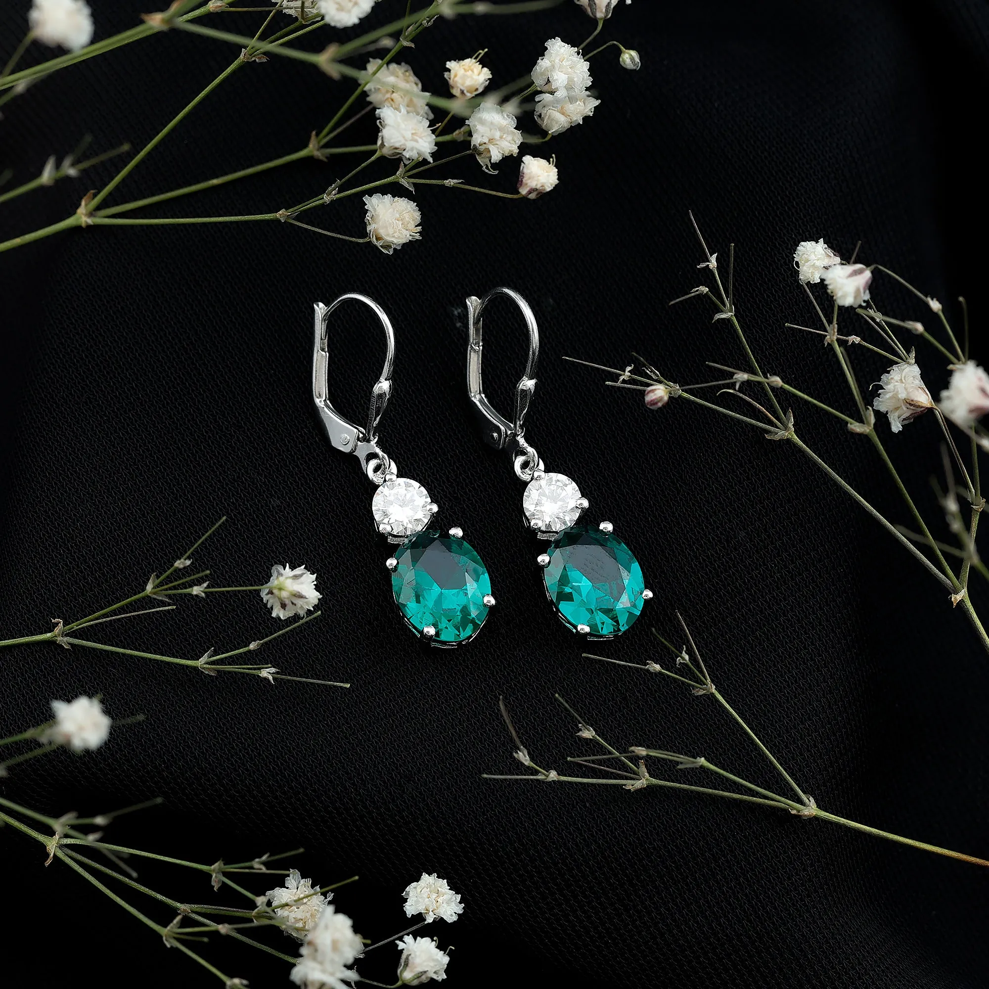 Lab Grown Emerald Oval Drop Earrings With Moissanite