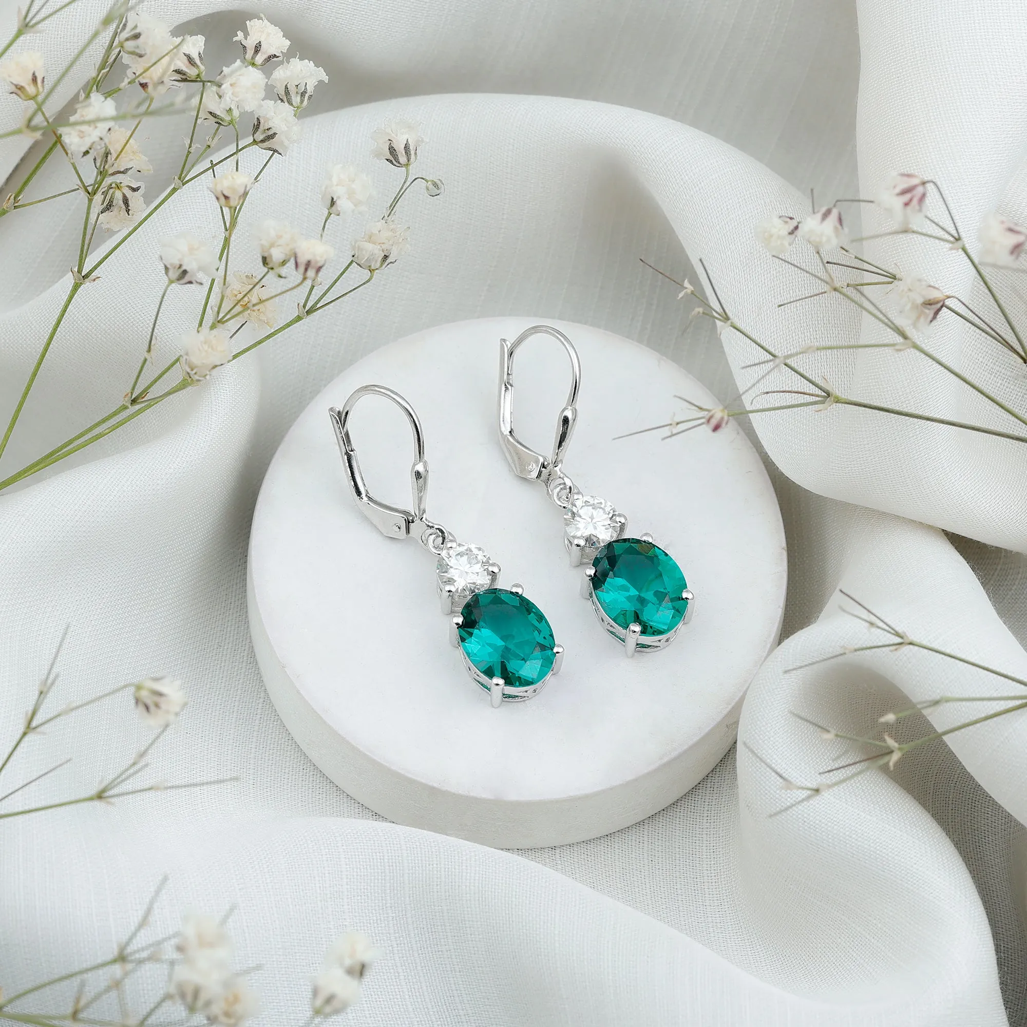 Lab Grown Emerald Oval Drop Earrings With Moissanite