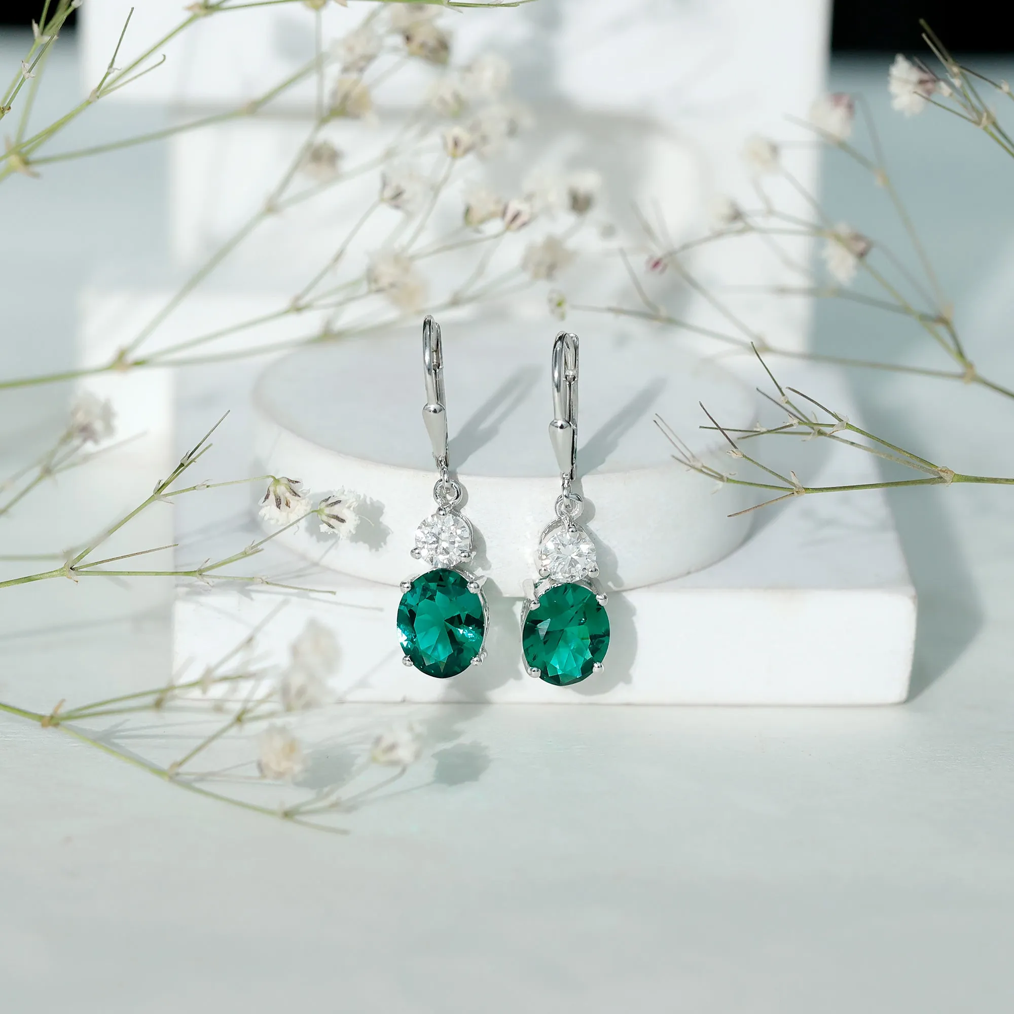 Lab Grown Emerald Oval Drop Earrings With Moissanite
