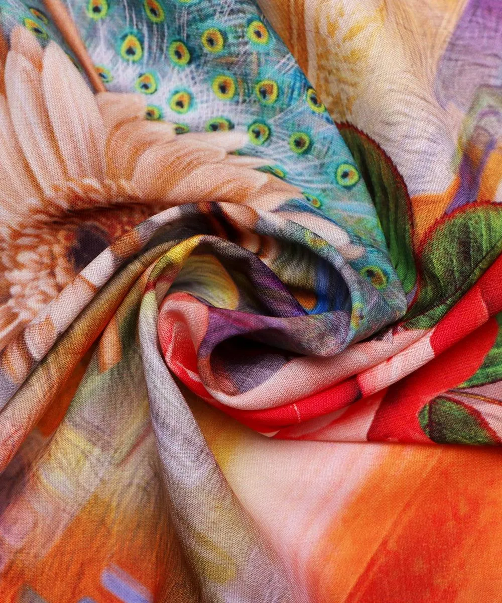 Multi Color Floral Design Satin Moss Fabric