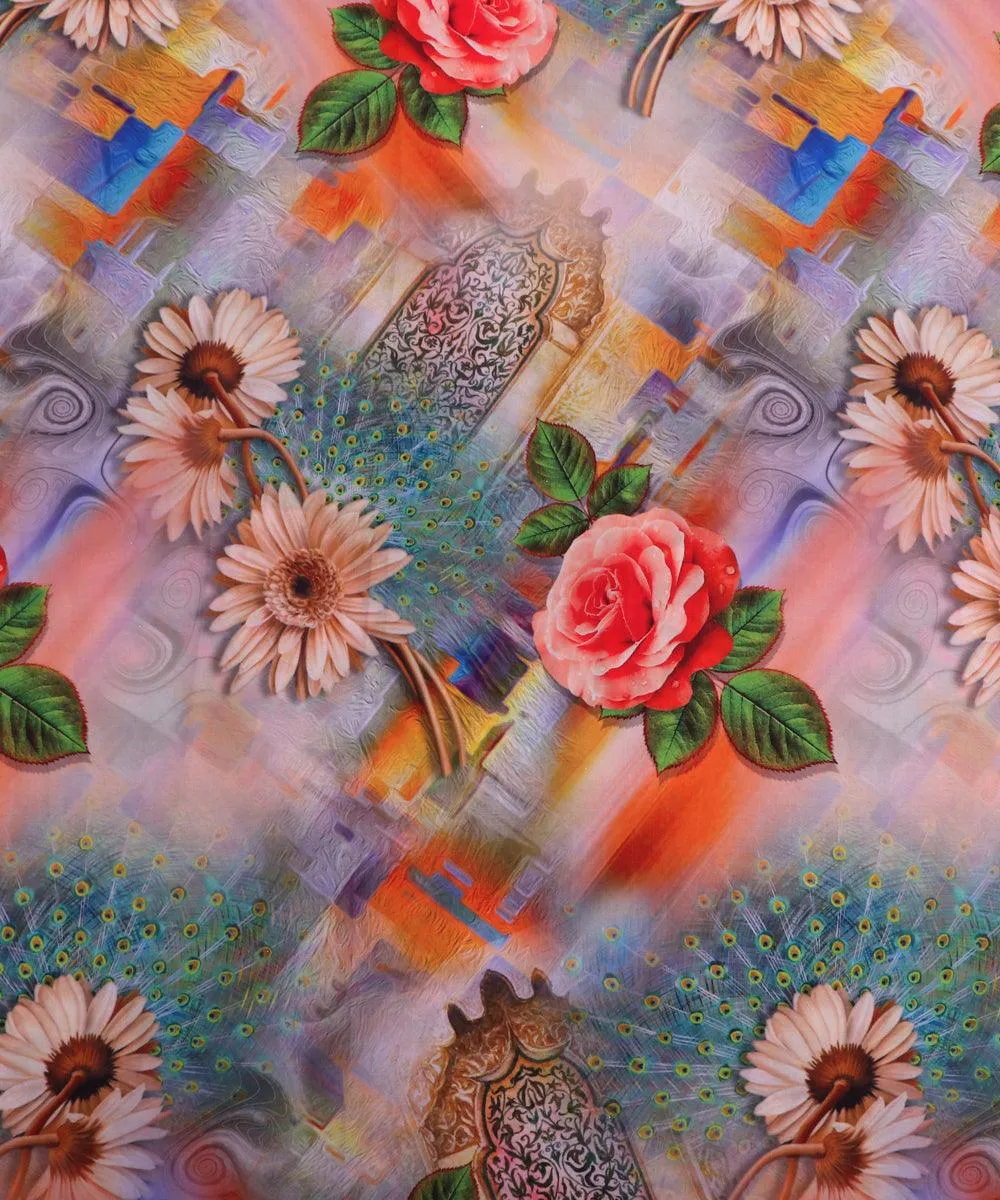 Multi Color Floral Design Satin Moss Fabric