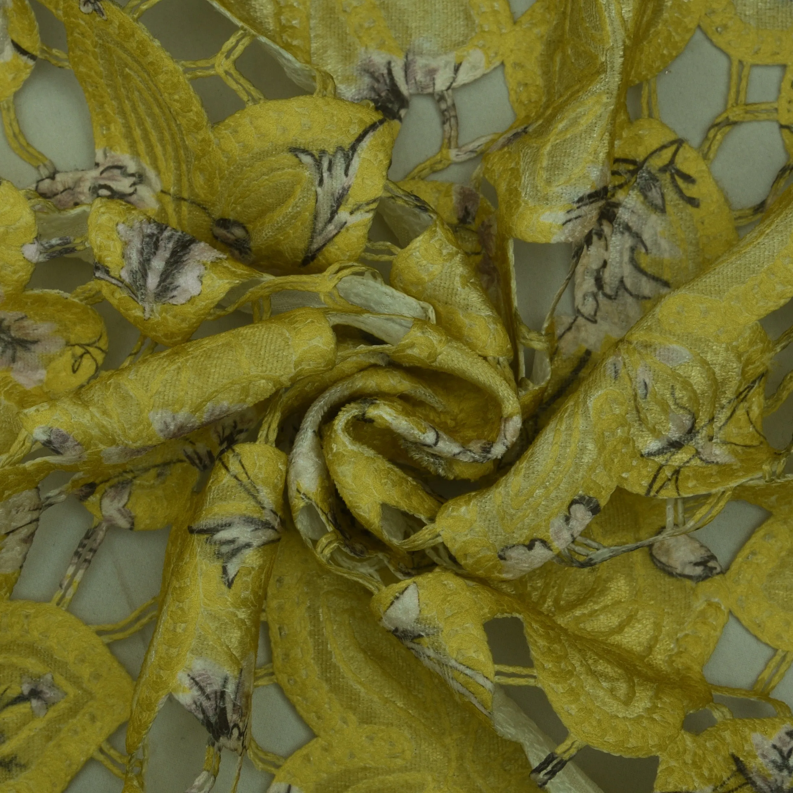 Musturd Color Velvet Cut Work Print Embroidery Fabric
