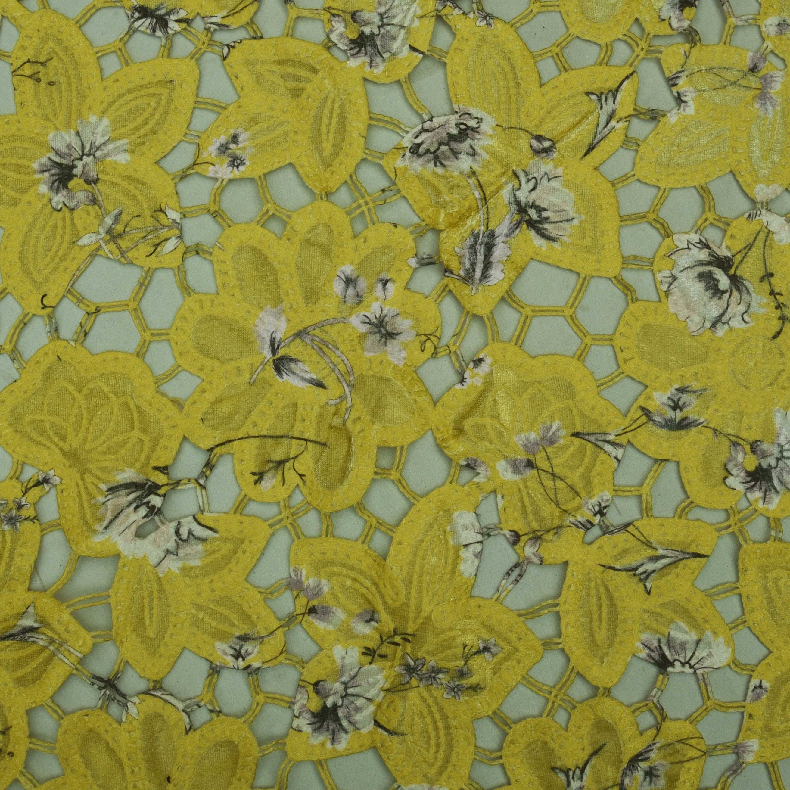 Musturd Color Velvet Cut Work Print Embroidery Fabric