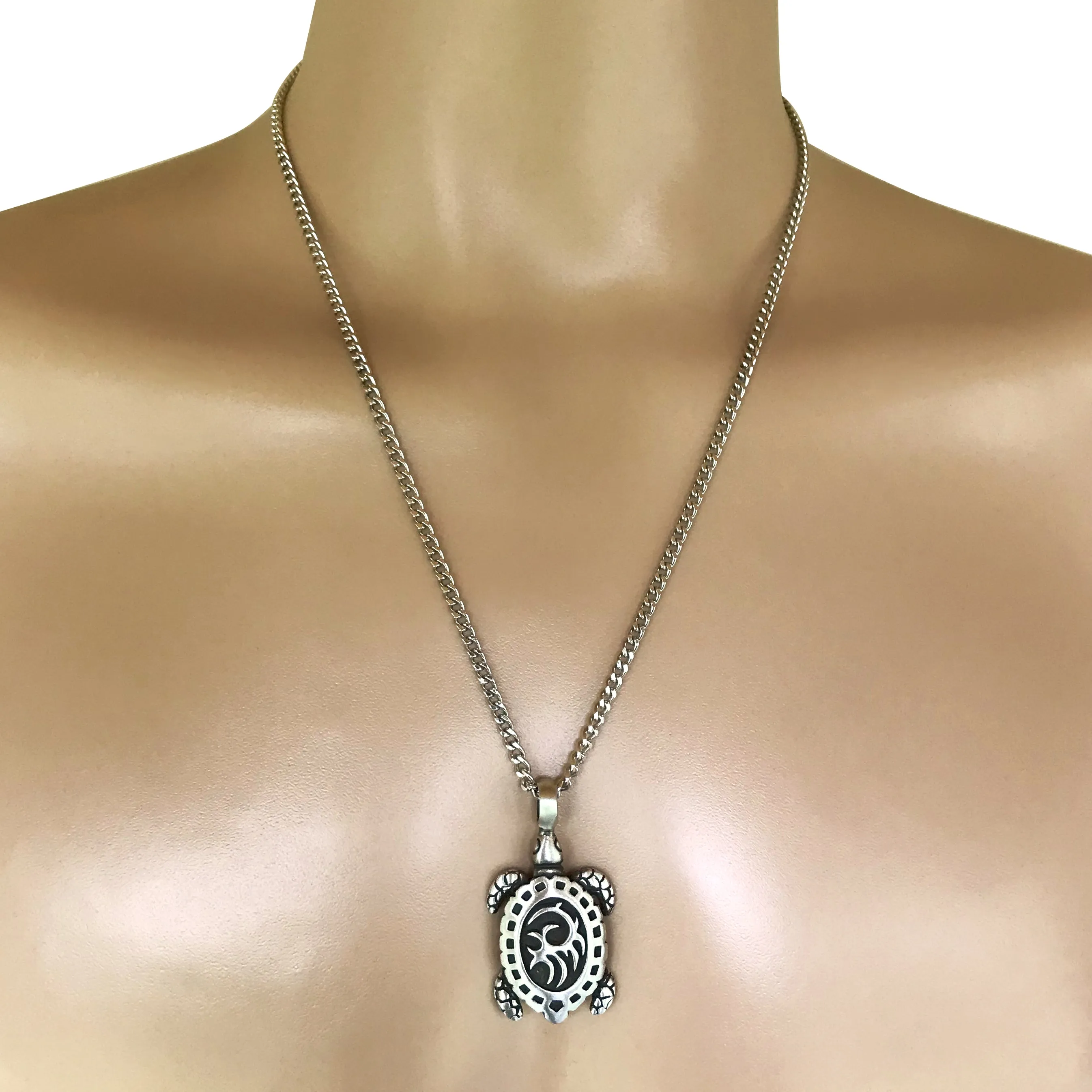 Pewter Sea Turtle Tribal Pendant with Extra Large Bail, on Men's Heavy Curb Chain Necklace, 24"