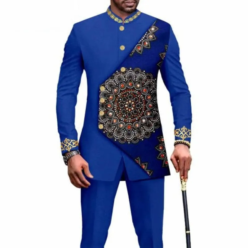 Vibrant Blue Ethnic Printed African Wedding Suit with Gold Accents
